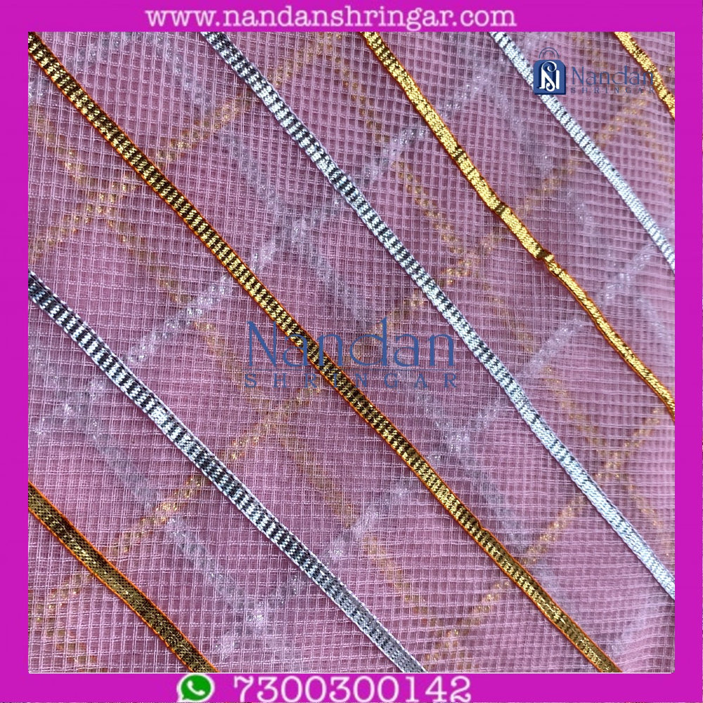 Dhora Wala Doriya Special Zari Vastra in pink by nandanshringars, showcasing intricate zari work and vibrant color.