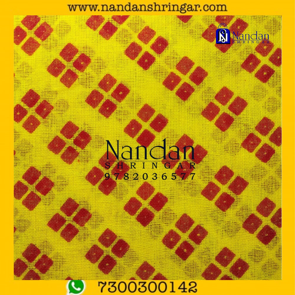 Choufuli Premium Vastra in vibrant yellow, showcasing intricate fabric texture and elegant draping design by nandanshringars.
