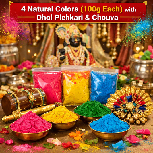 HOLI Special Gulal Combo with 4 Natural Colors (100g Each), Dhol Pichkari & Chouva.