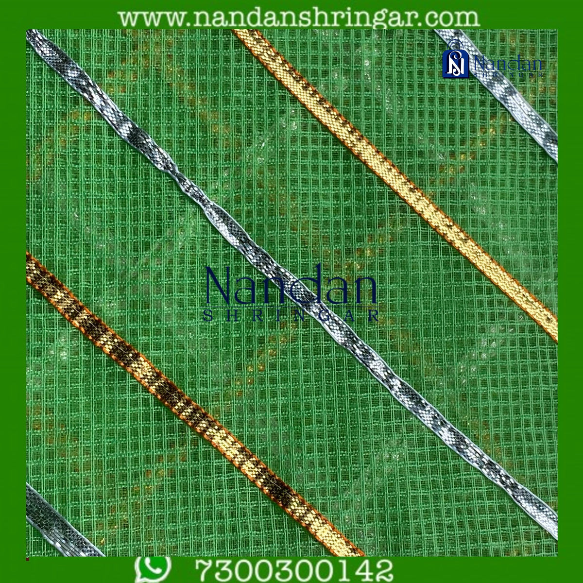 Green Dhora Wala Doriya Special Zari Vastra by Nandanshringar, showcasing intricate zari work and rich texture.
