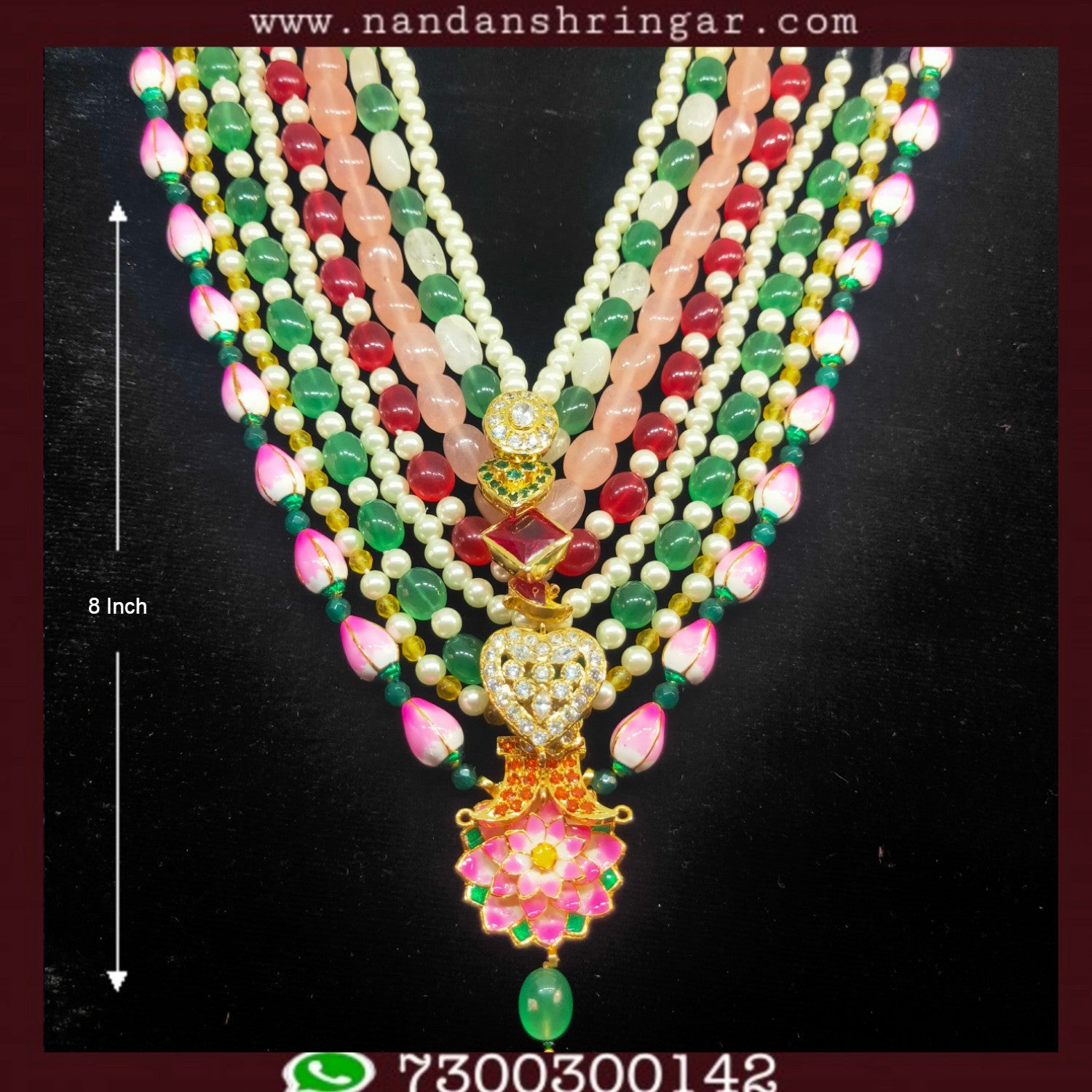 Baati Shringar Janmashtmi Special featuring 8 colorful malas by Nandan Shringa, displayed elegantly on a festive background.