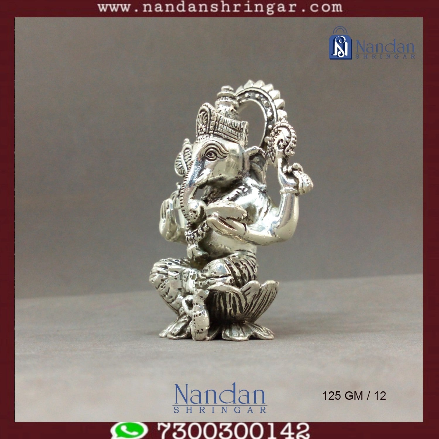 Fine silver Shree Ganesh idol by Utsav Arts, showcasing intricate details and traditional craftsmanship.