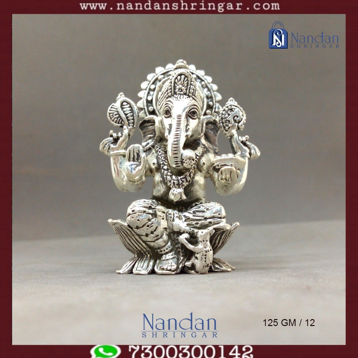 Fine silver Shree Ganesh idol by Utsav Arts, showcasing intricate detailing and traditional design elements.