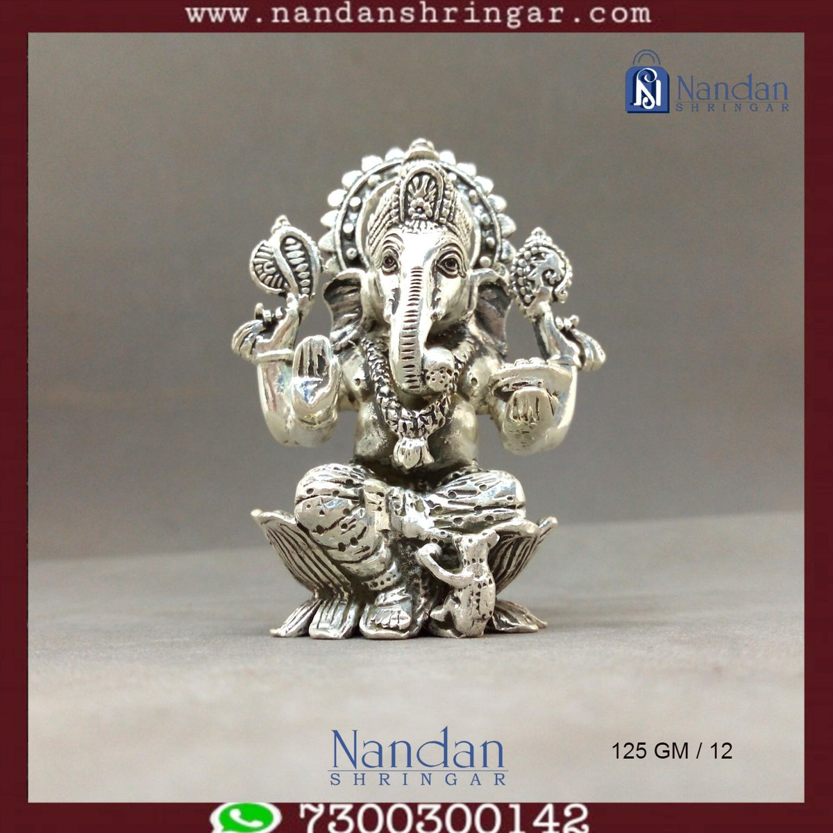 Fine silver Shree Ganesh idol by Utsav Arts, showcasing intricate detailing and traditional design elements.