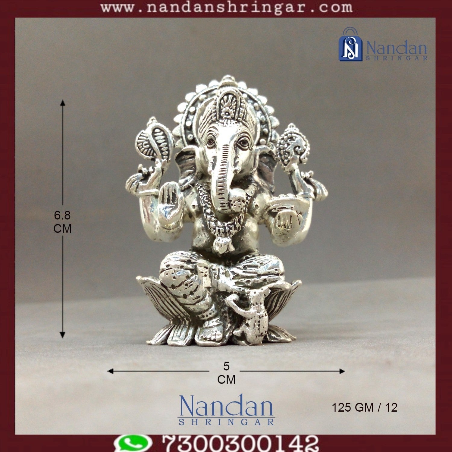 Fine silver Shree Ganesh idol by Utsav Arts, showcasing intricate details and craftsmanship in a serene pose.