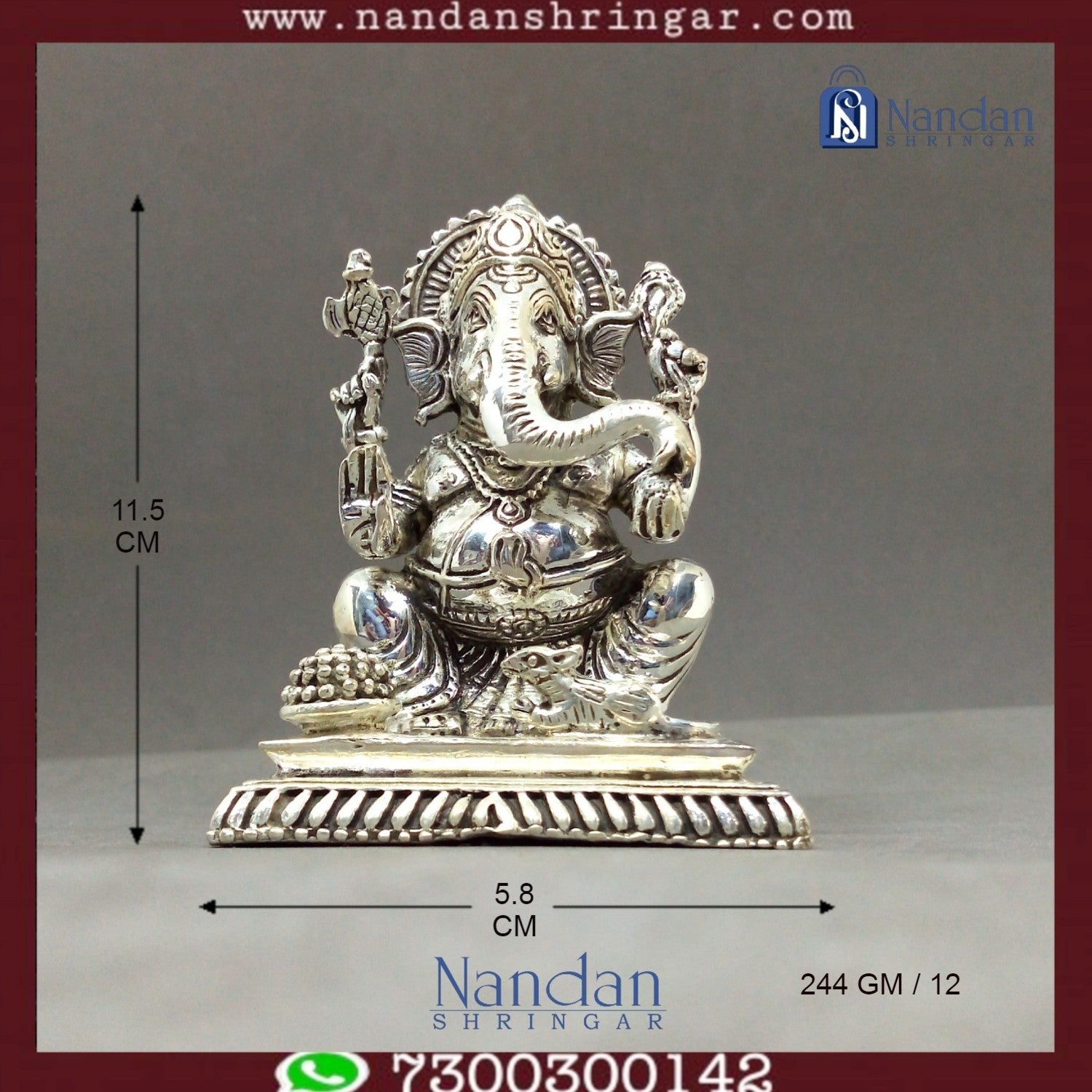 Fine silver Shree Ganesh idol by Utsav Arts, showcasing intricate detailing and craftsmanship in a serene pose.