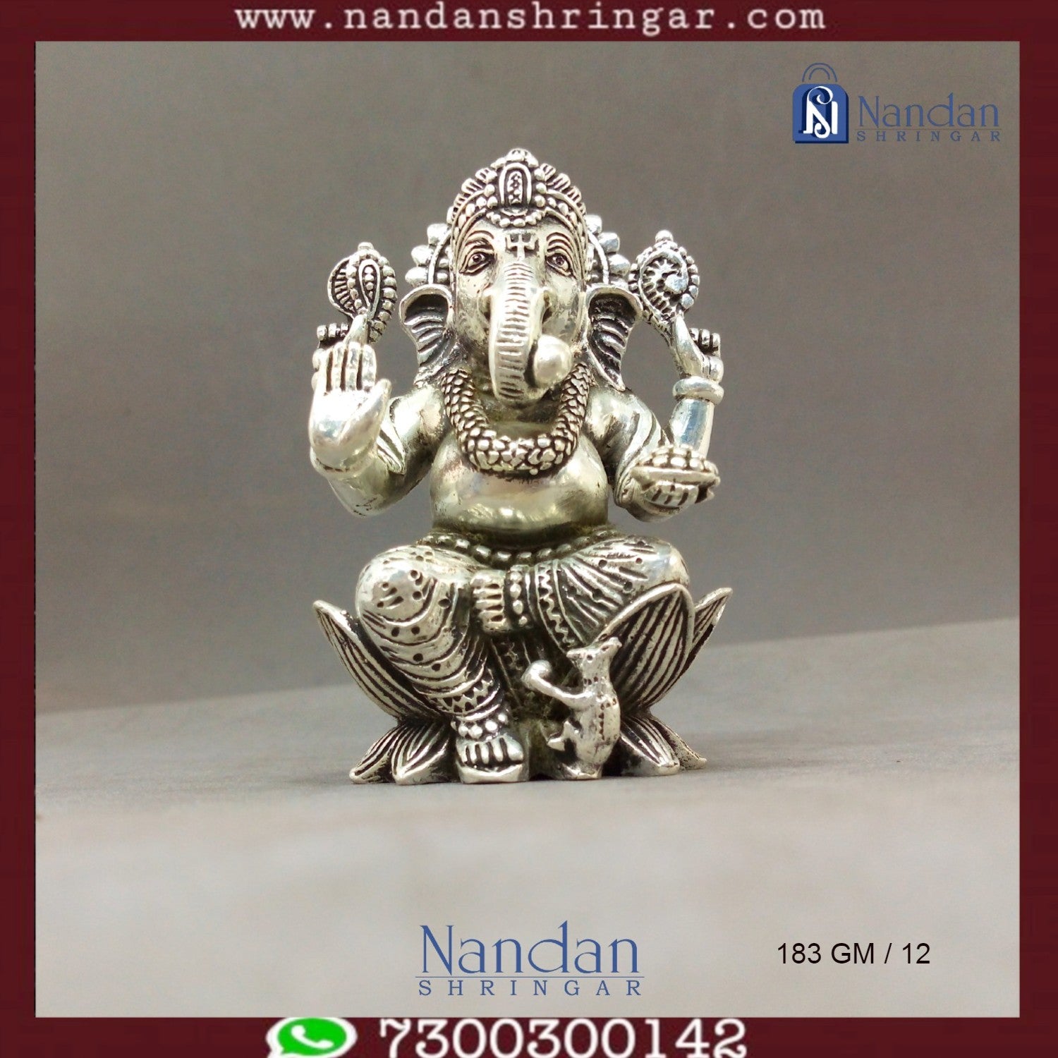 Fine silver Shree Ganesh idol from Utsav Arts, showcasing intricate details and craftsmanship in a serene pose.