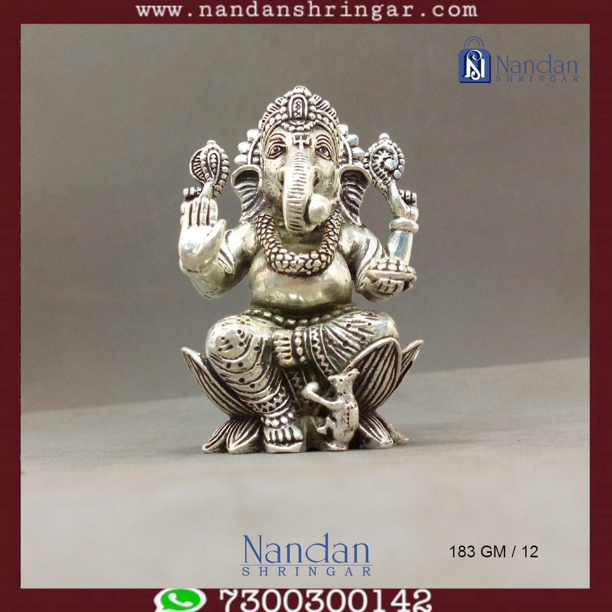 Fine silver Shree Ganesh idol from Utsav Arts, showcasing intricate details and craftsmanship in a serene pose.