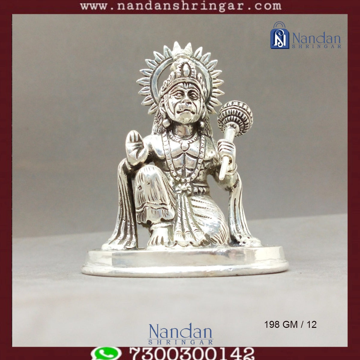 Fine silver statue of Hanuman Ji by Utsav Arts, showcasing intricate details and craftsmanship in a serene pose.