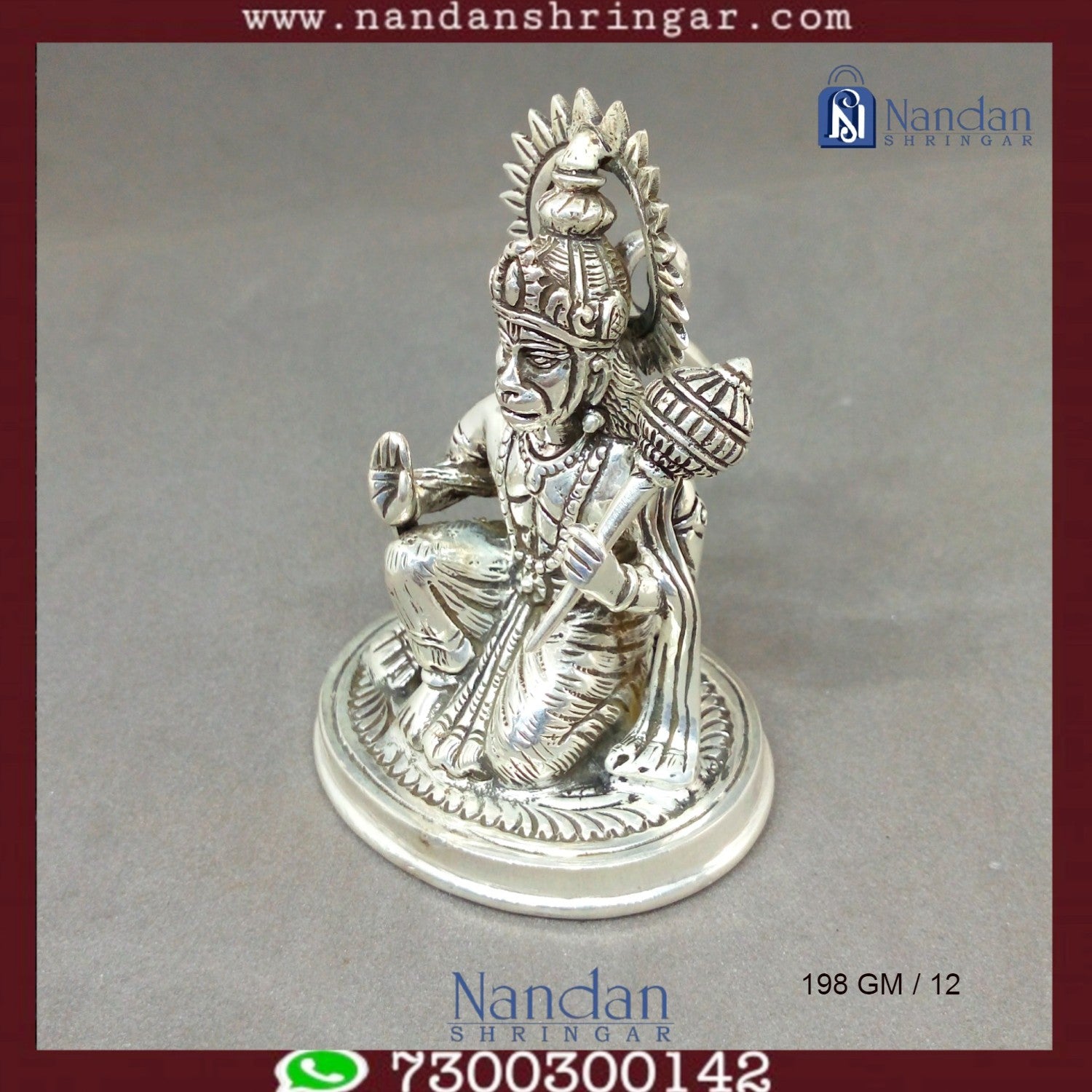 Fine silver statue of Hanuman Ji by Utsav Arts, showcasing intricate details and craftsmanship.
