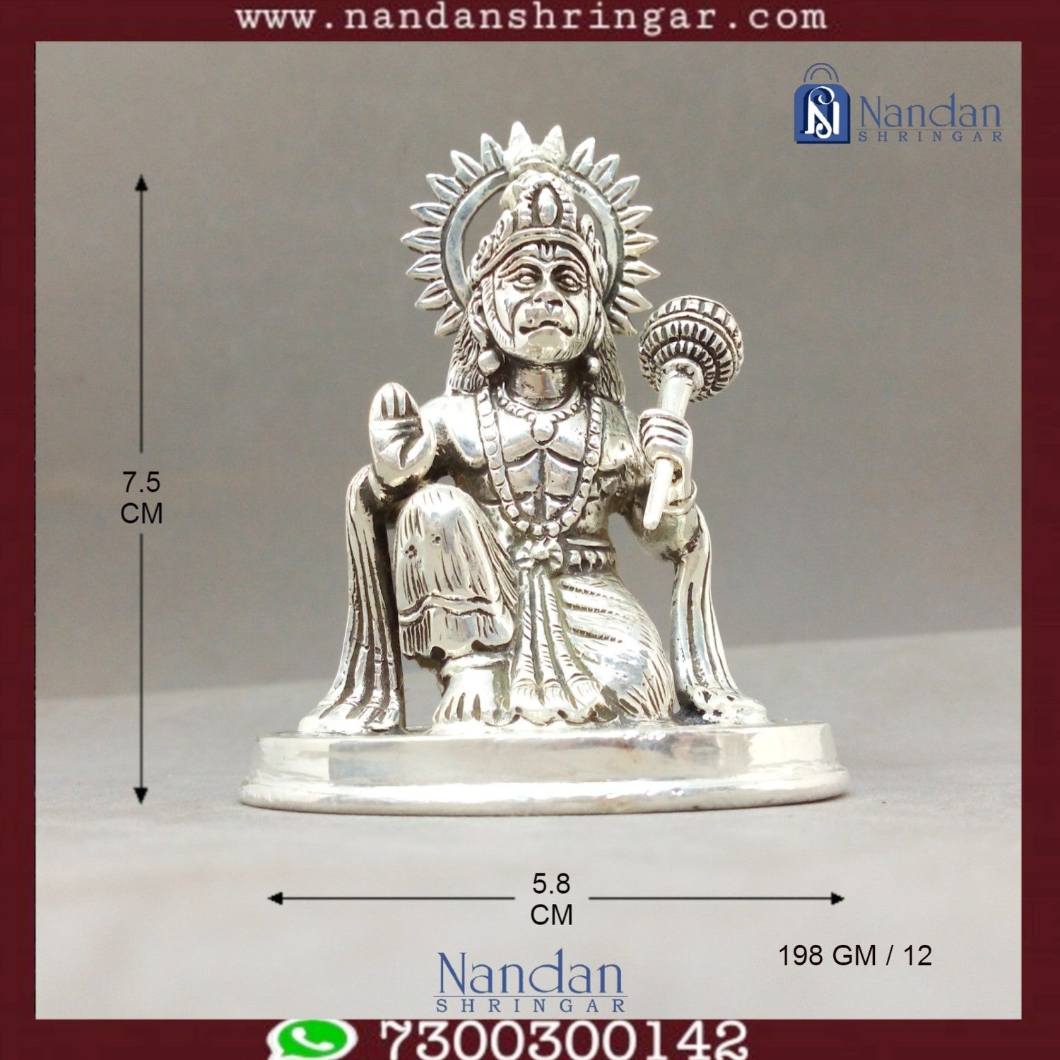 Fine silver statue of Hanuman Ji by Utsav Arts, showcasing intricate details and craftsmanship.