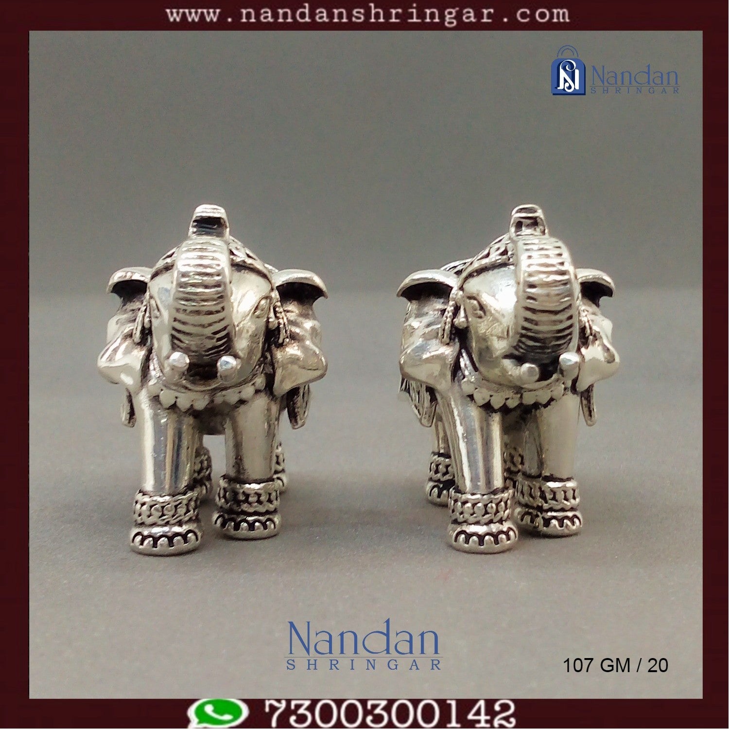 Antique silver elephant figurines by Utsav Arts, showcasing intricate craftsmanship and fine detailing.